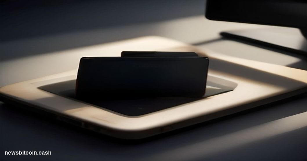 Cinematic photorealistic editorial photograph of a sleek Trezor hardware wallet device resting on a dark matte desk surface, 