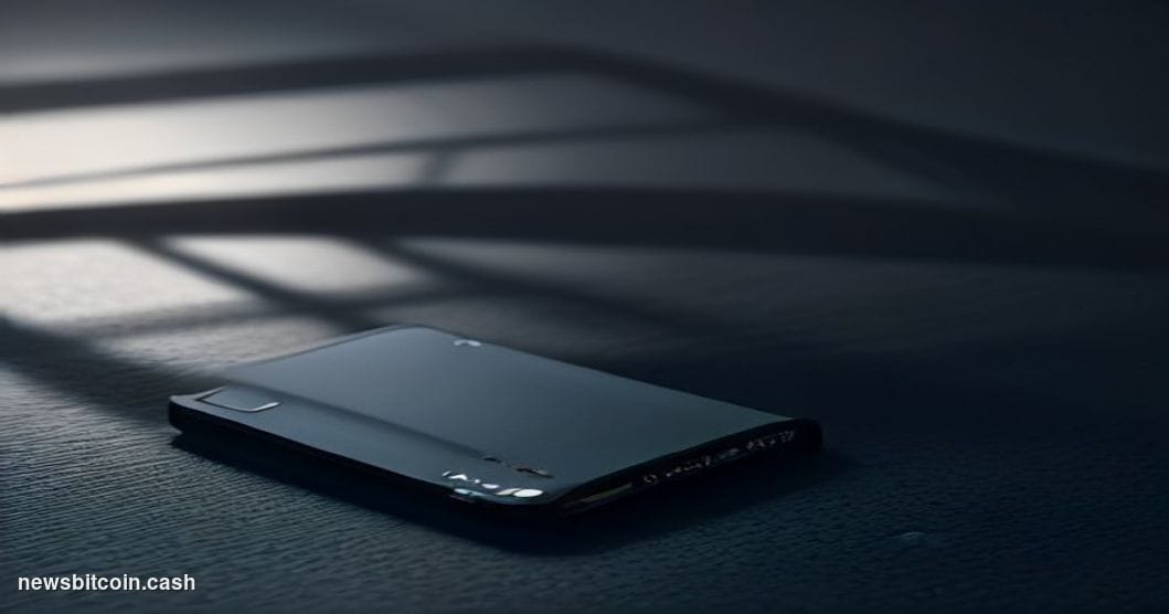 Cinematic photorealistic editorial photograph of a Trezor hardware wallet device resting on a dark matte desk surface, dramat
