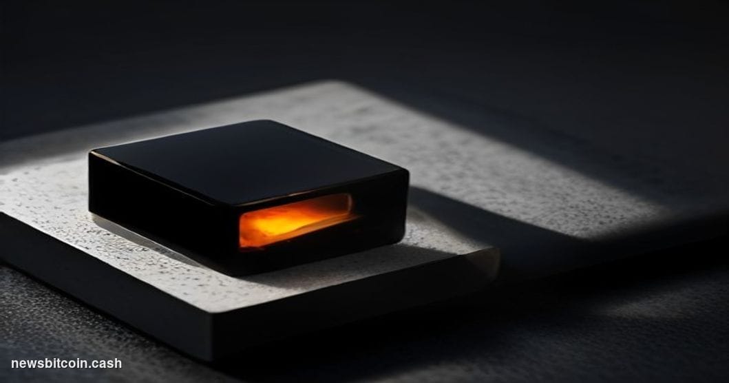 Cinematic photorealistic editorial photograph of a Trezor hardware wallet device — matte black casing with small screen — res
