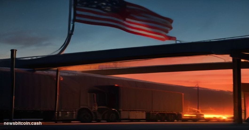 Cinematic photorealistic editorial photograph of the US-Canada border crossing at night, shot from a low angle looking up at 