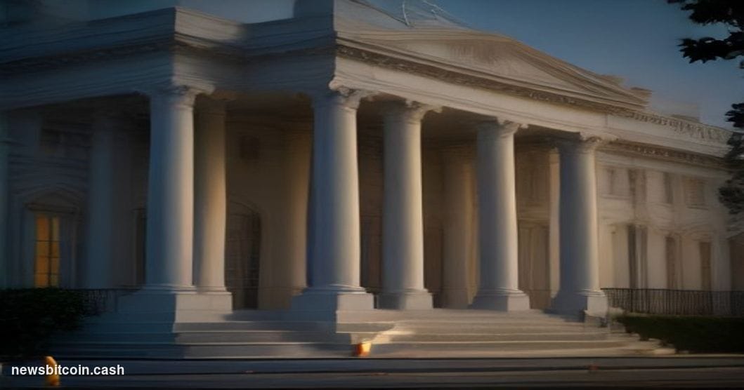 Cinematic photorealistic editorial photograph, dramatic low-angle shot of the White House's North Portico at dusk, with warm 