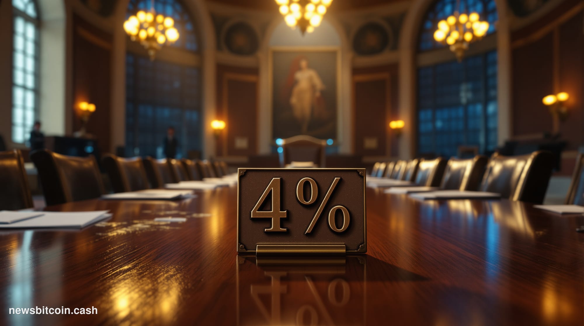 A cinematic photorealistic editorial photograph set inside a grand neoclassical government building interior, evoking the Fed