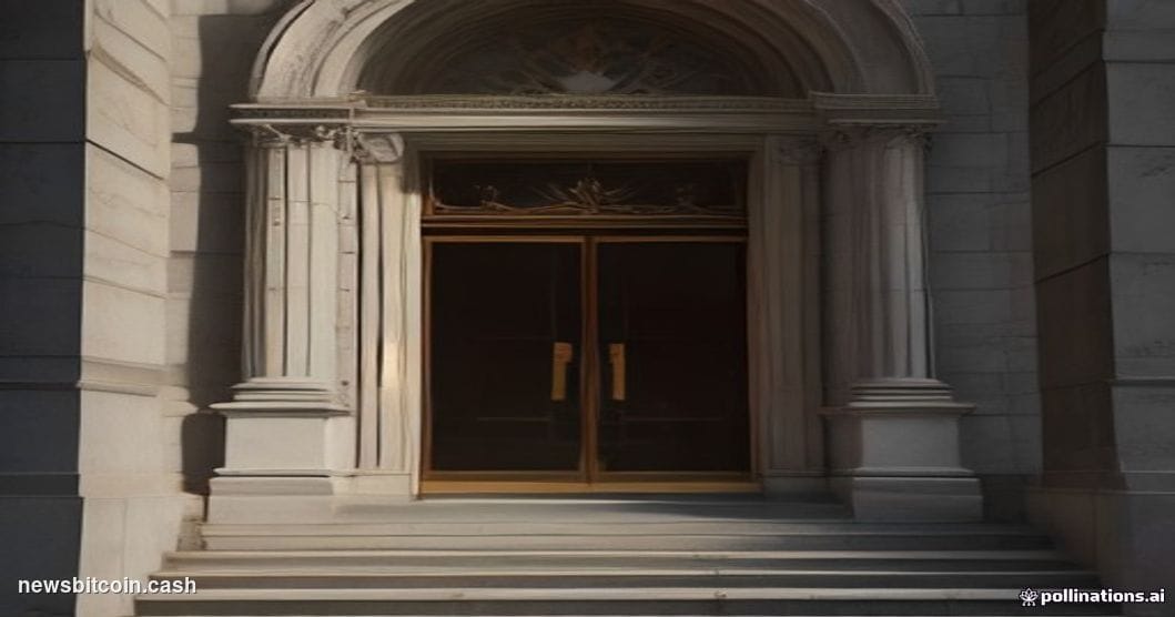 Cinematic photorealistic editorial photograph shot at ground level looking up at the imposing stone-and-glass facade of a Tur
