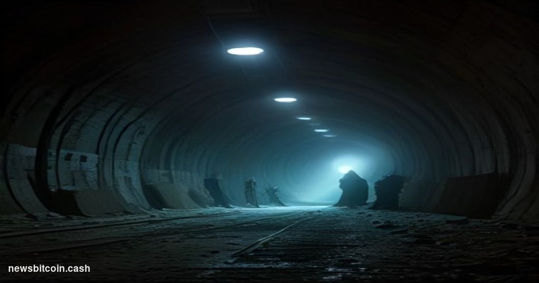 Cinematic photorealistic editorial photograph of a dramatic underground tunnel construction environment, deep perspective sho