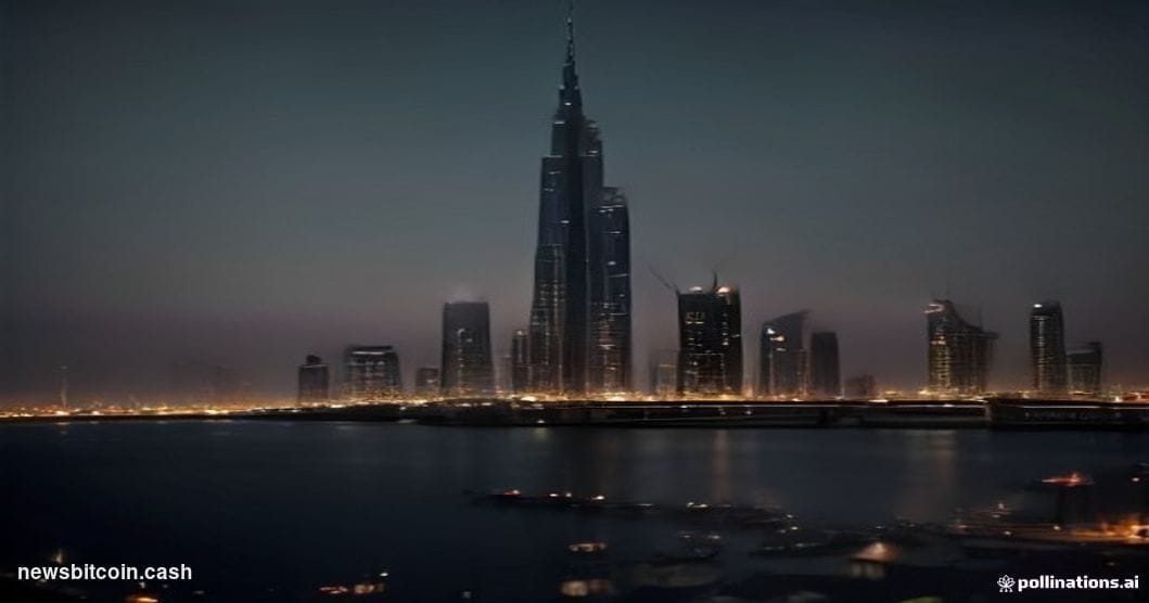 Cinematic photorealistic editorial photograph of a dramatic nighttime split-scene composition: on the left, the gleaming Duba