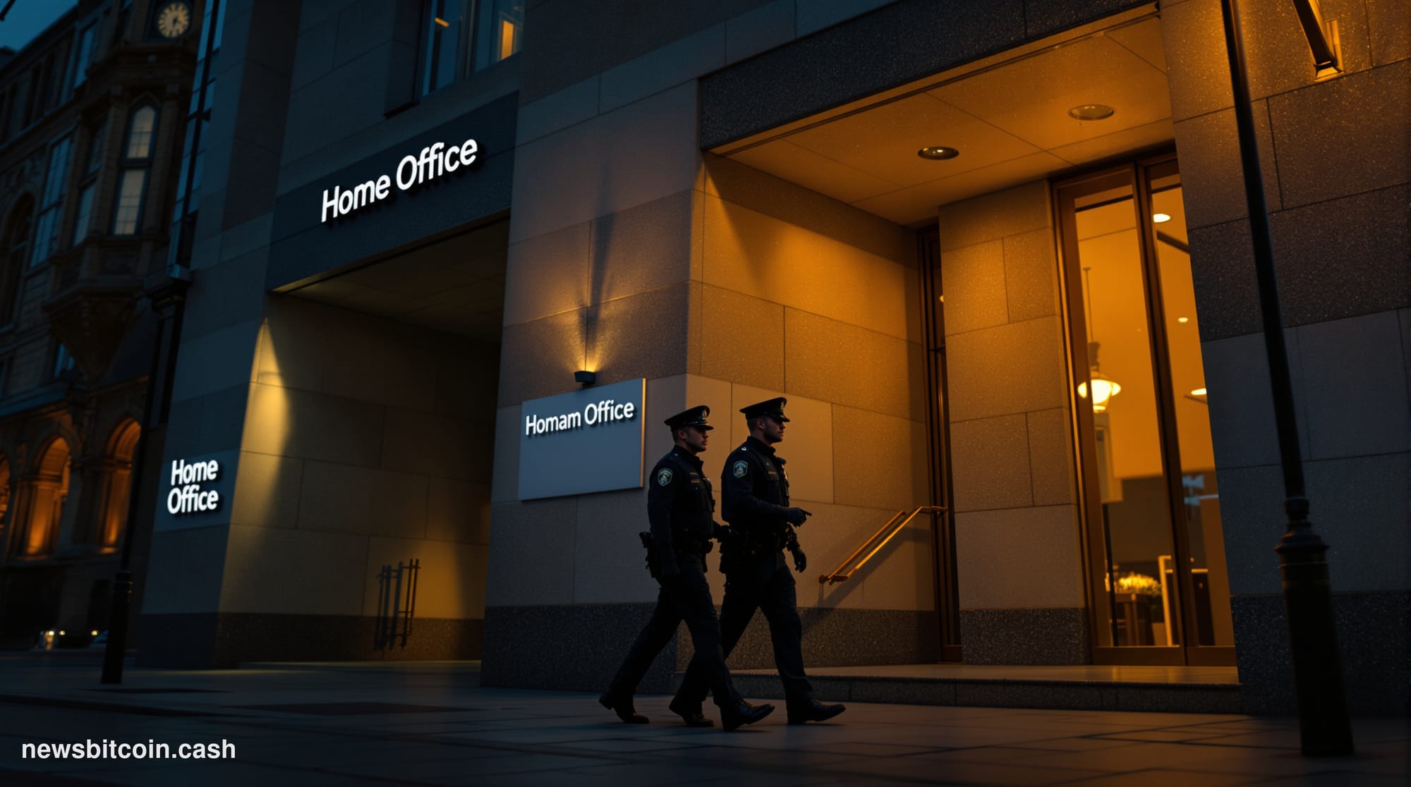Cinematic photorealistic editorial photograph of the UK Home Office building on Marsham Street, Westminster, London, shot fro