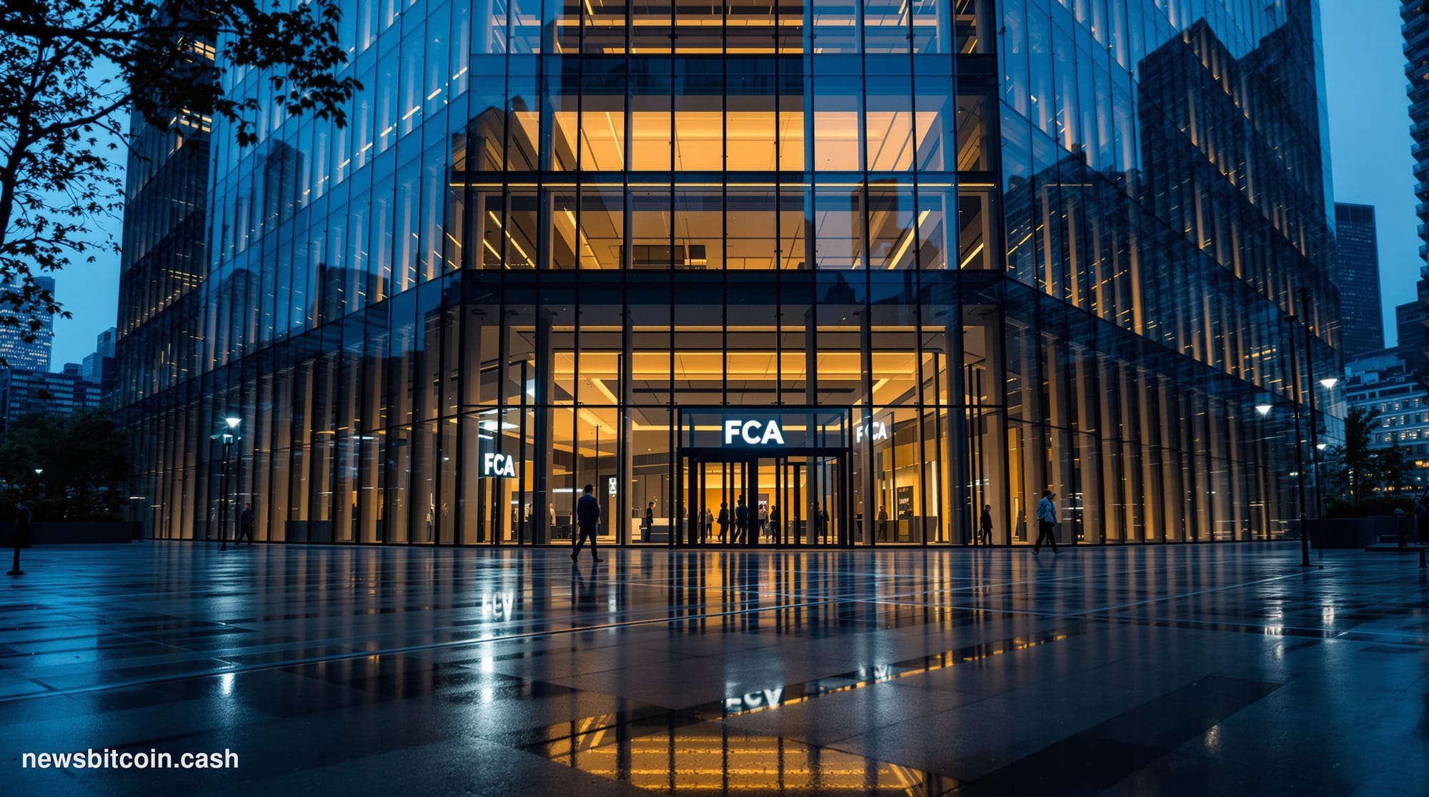 Cinematic photorealistic editorial photograph of the Financial Conduct Authority's headquarters at 12 Endeavour Square in Can