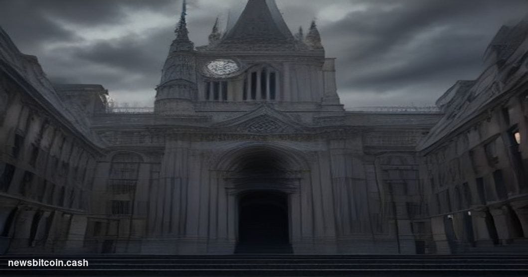 Cinematic photorealistic editorial photograph shot at ground level looking up at the imposing stone facade of Westminster Mag