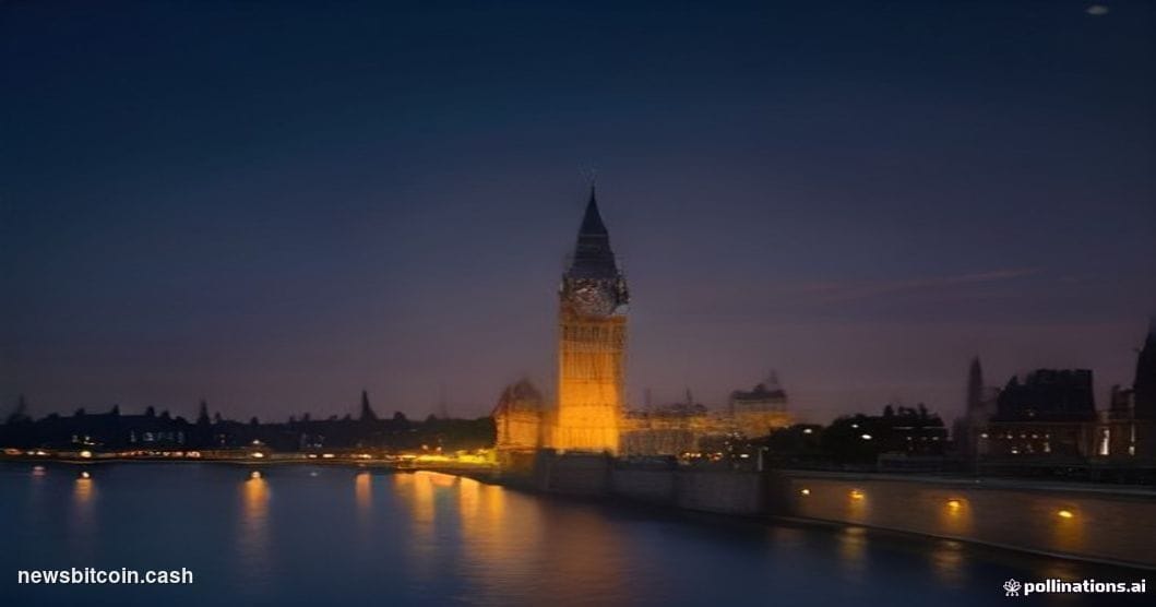 Cinematic photorealistic editorial photograph of the UK Houses of Parliament at dusk, the Palace of Westminster's gothic spir