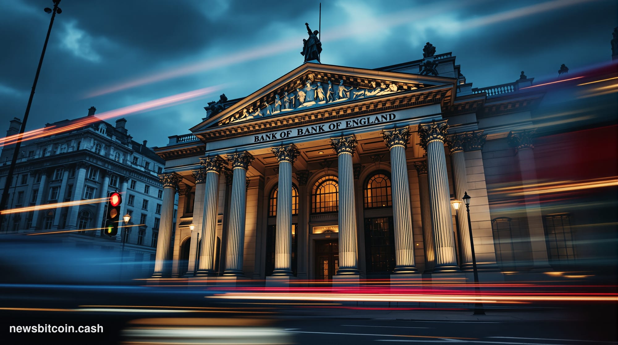 A cinematic photorealistic editorial photograph of the Bank of England's imposing neoclassical stone facade on Threadneedle S