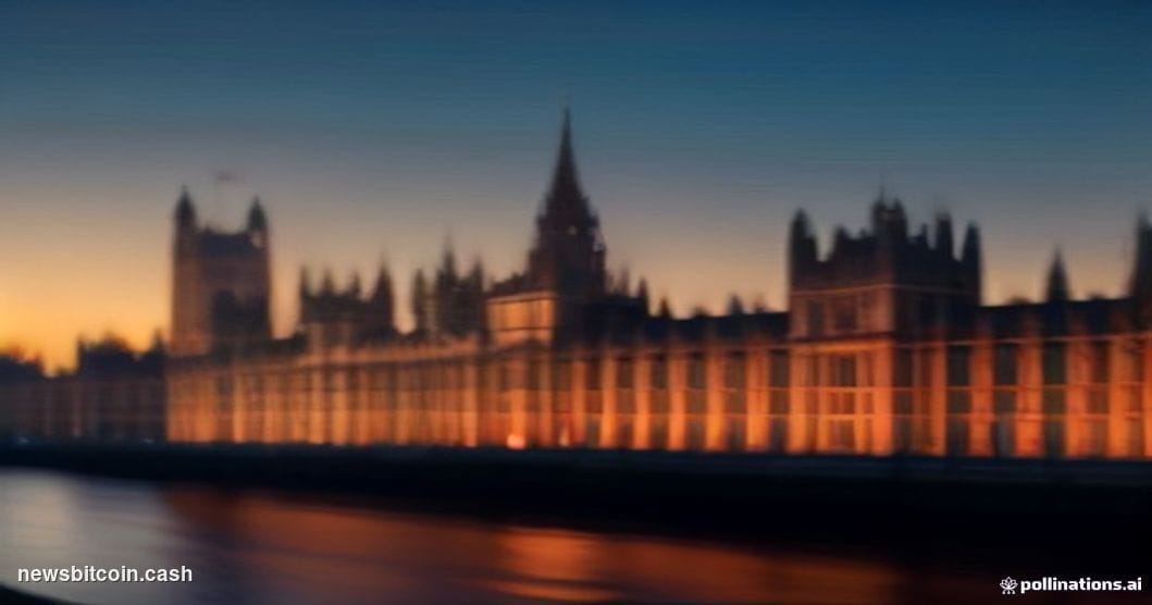 Cinematic photorealistic editorial photograph of the Palace of Westminster at dusk, shot from across the River Thames with a 
