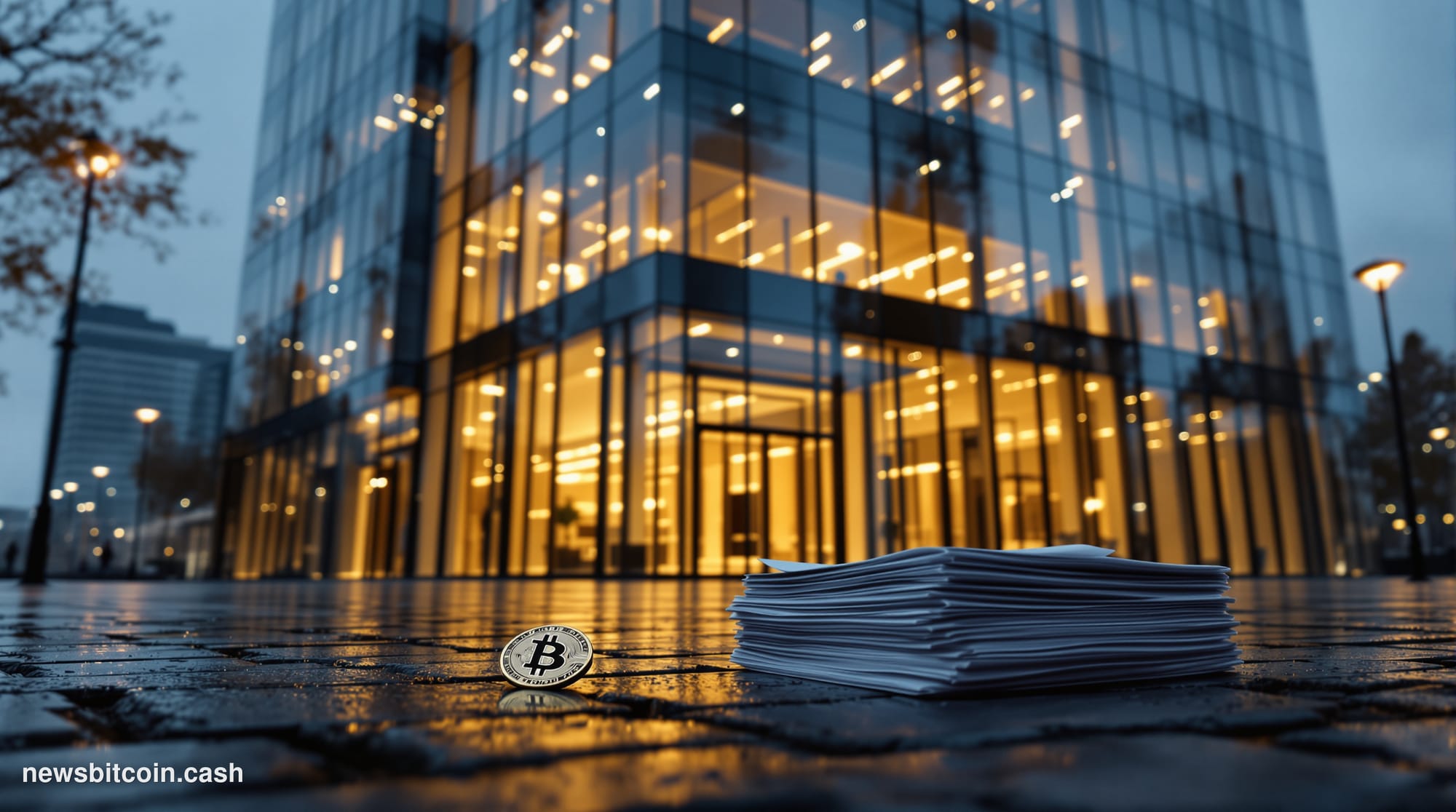 Cinematic photorealistic editorial photograph of the Financial Conduct Authority's London headquarters at 12 Endeavour Square