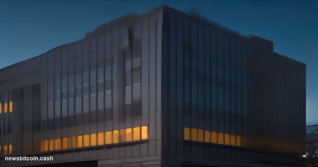 Cinematic photorealistic editorial photograph of a monolithic U.S. Bank branch exterior at dusk, shot from a low angle lookin