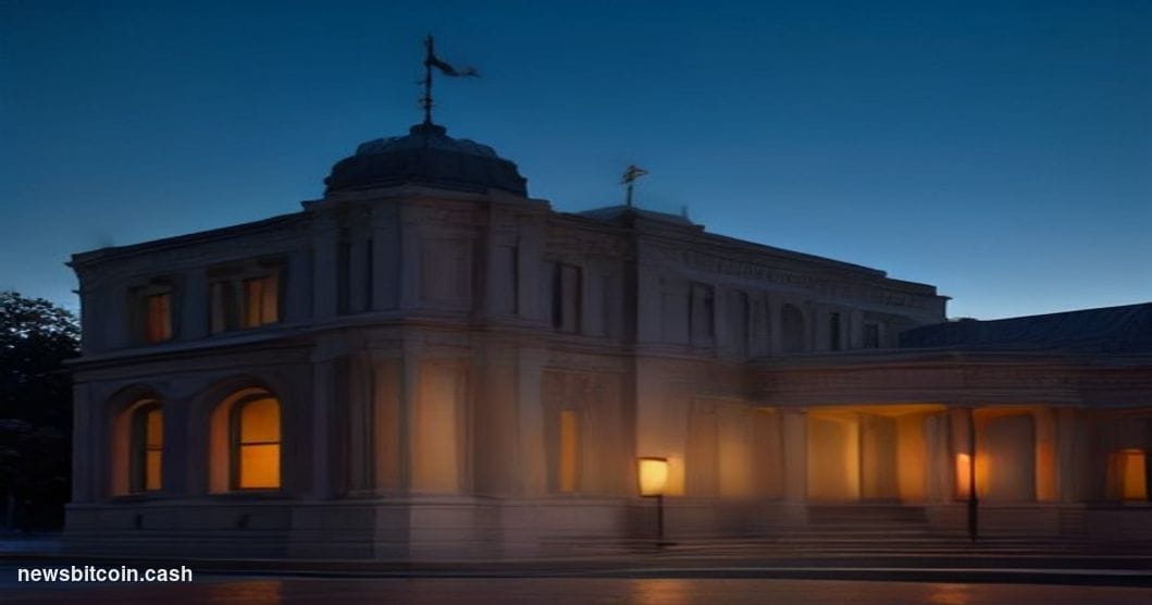 Cinematic photorealistic editorial photograph of a monumental U.S. Bank branch facade shot from a low angle at dusk, the ston