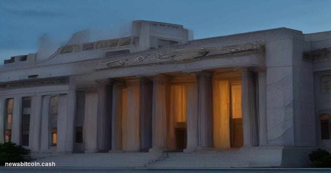 Cinematic photorealistic editorial photograph of the Herbert C. Hoover Building — the US Department of Commerce headquarters 