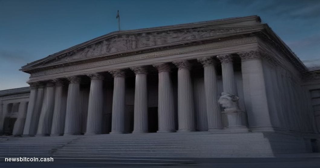 A cinematic photorealistic editorial photograph showing the US Treasury building in Washington D.C. at dusk, shot from a low 