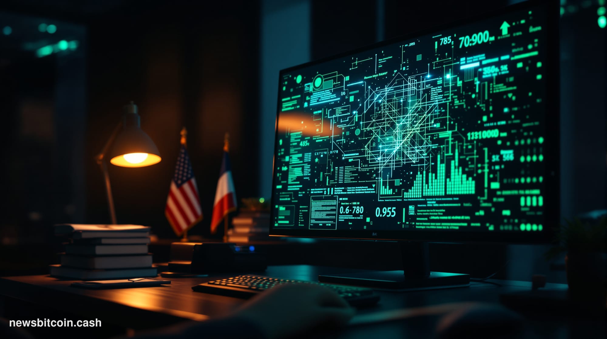 Cinematic photorealistic editorial photograph of a sleek government office workstation glowing in the dark, with a large moni