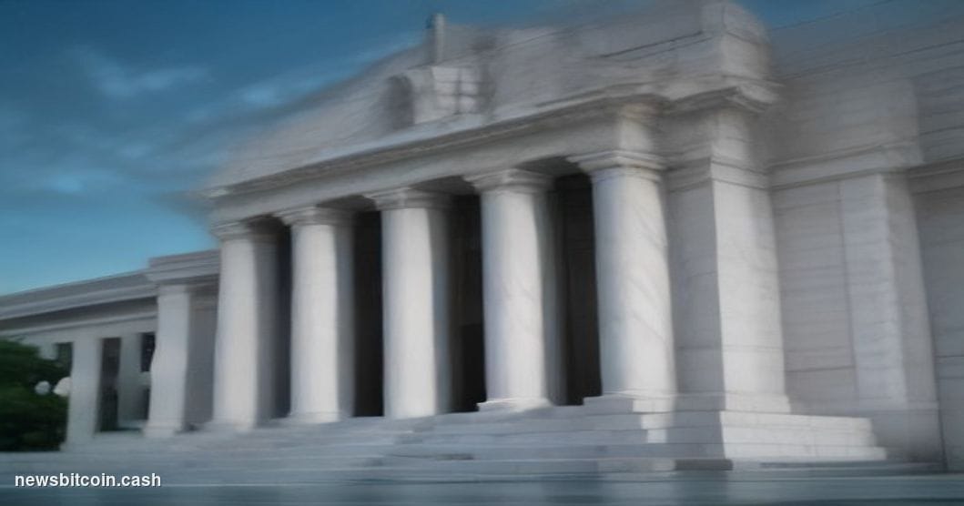 Cinematic photorealistic editorial photograph of the Federal Reserve headquarters building in Washington D.C. — the Eccles Bu