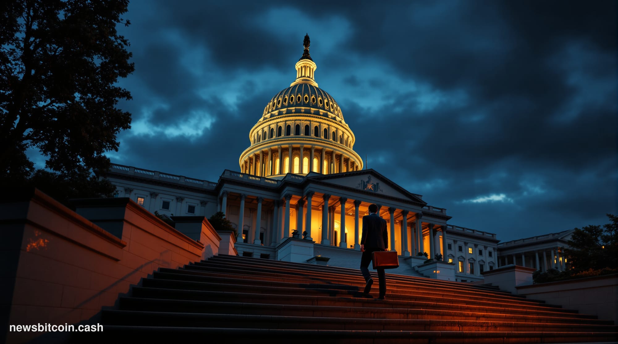 Cinematic photorealistic editorial photograph of the United States Capitol building in Washington D.C., shot from a low angle