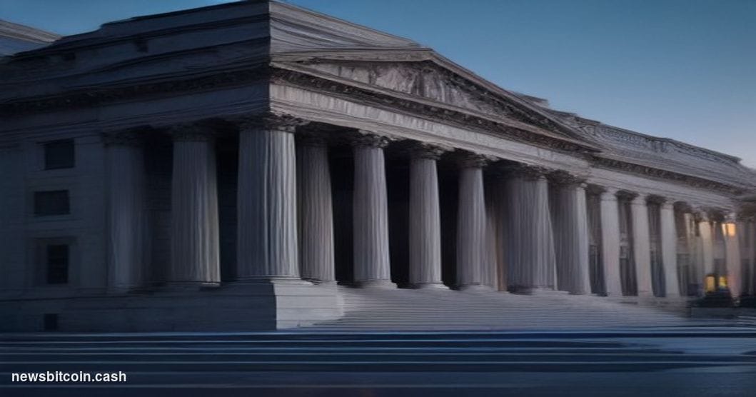 A cinematic photorealistic editorial photograph set in Washington D.C., with the imposing neoclassical facade of the US Treas