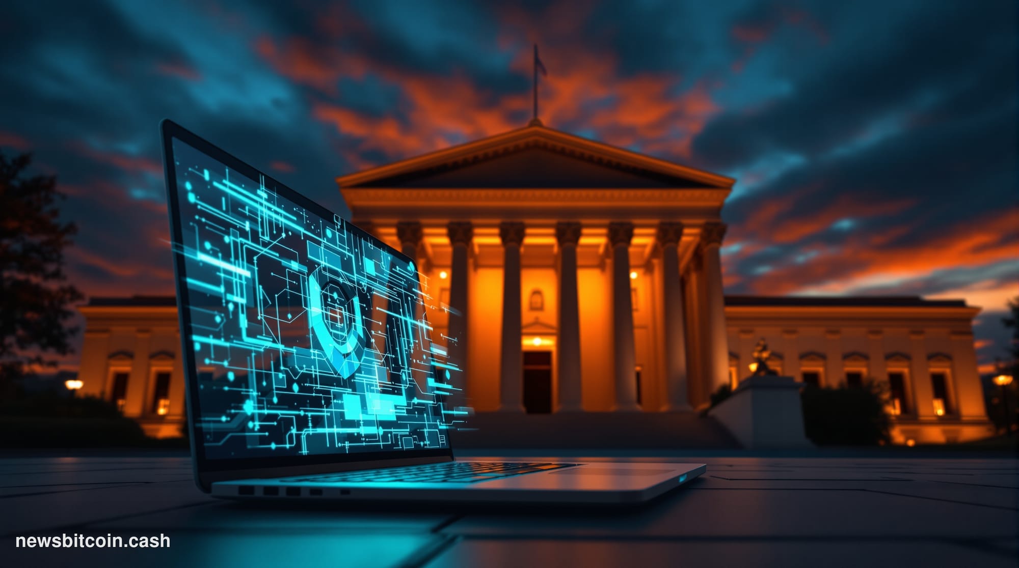 Cinematic photorealistic editorial photograph of the U.S. Department of the Treasury building in Washington D.C., shot from a