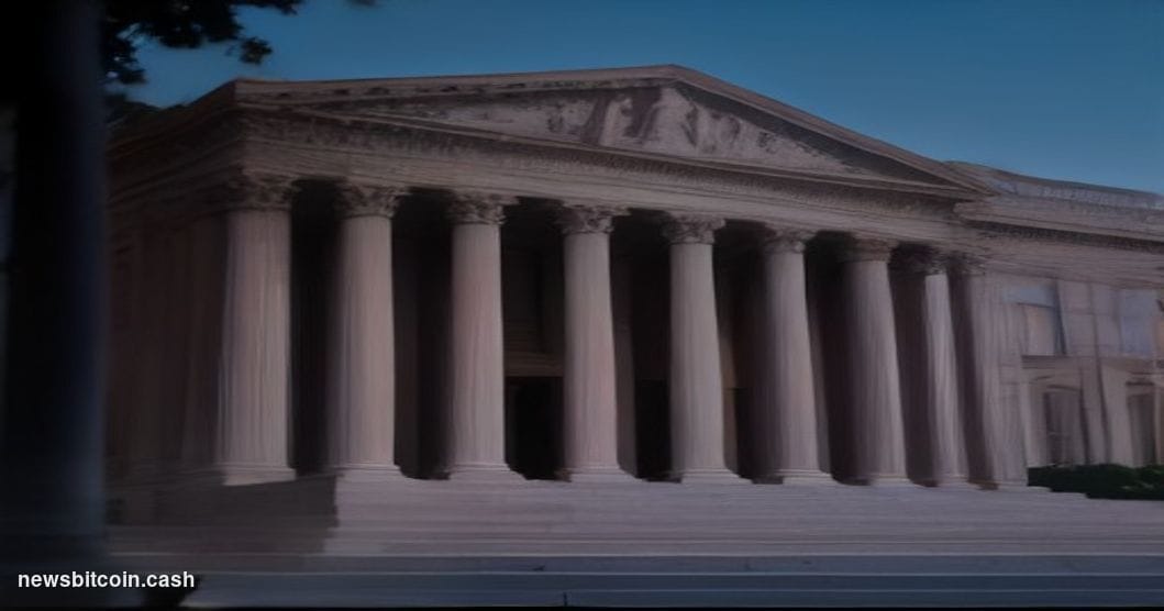 A cinematic photorealistic editorial photograph set at dusk outside the US Department of the Treasury building in Washington 