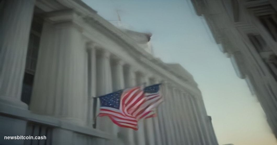 Cinematic photorealistic editorial photograph shot at low angle looking up at the exterior facade of the US Department of Jus