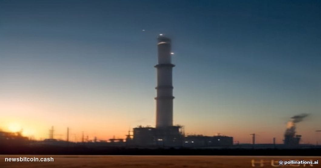 A cinematic photorealistic editorial photograph set at an industrial oil refinery complex in Poland during dusk, with towerin