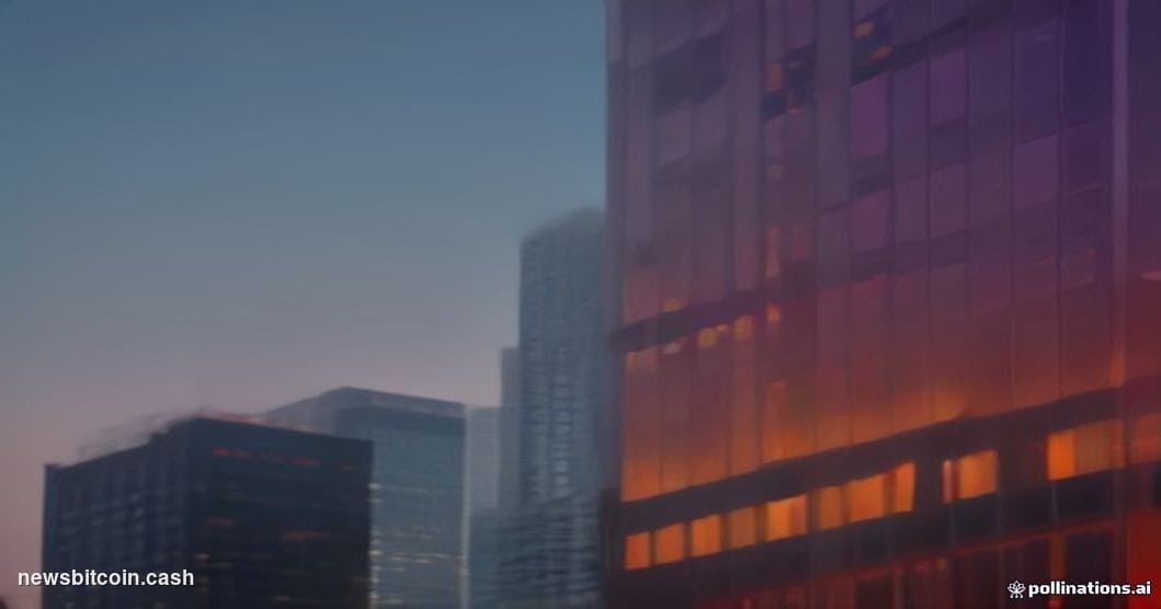 Cinematic photorealistic editorial photograph of a sleek Tokyo corporate high-rise at dusk, shot from a low angle looking upw