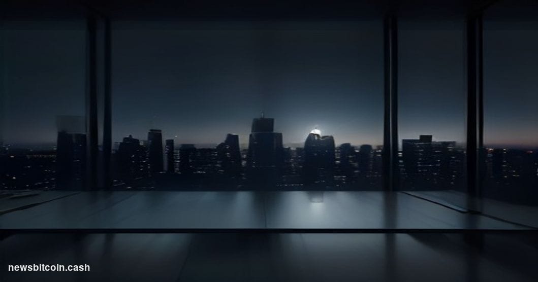Cinematic photorealistic editorial photograph of a sleek, darkened financial district office interior at dusk, with floor-to-