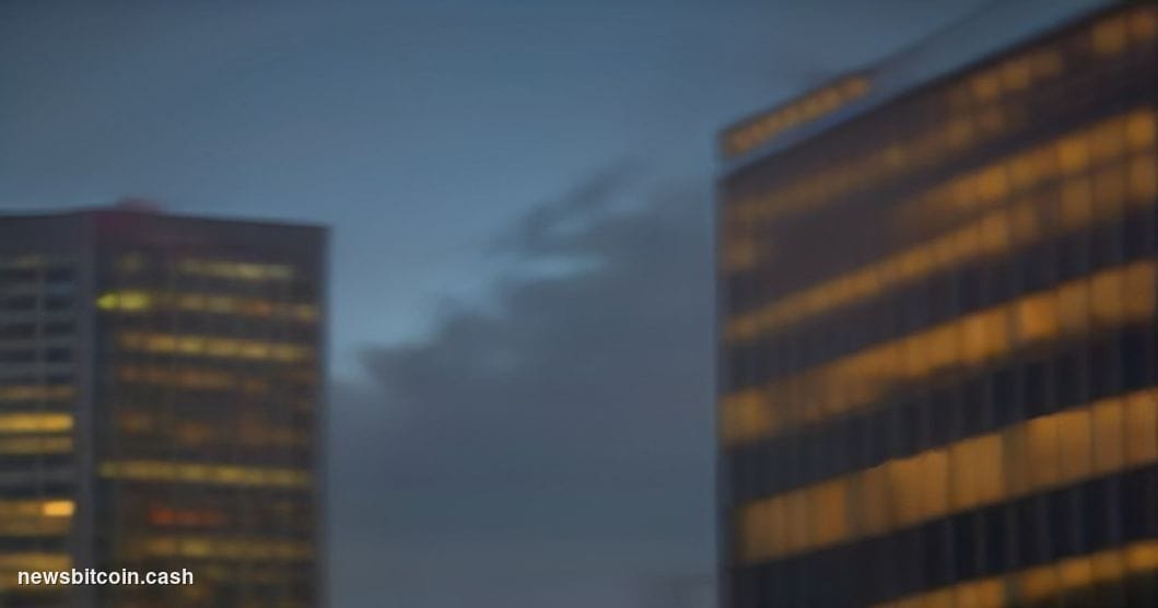 Cinematic photorealistic editorial photograph of Visa's Foster City, California corporate campus at dusk, shot from a low ang