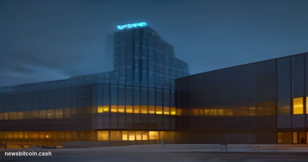 Cinematic photorealistic editorial photograph of Visa's Foster City, California corporate campus at dusk, shot from a low ang