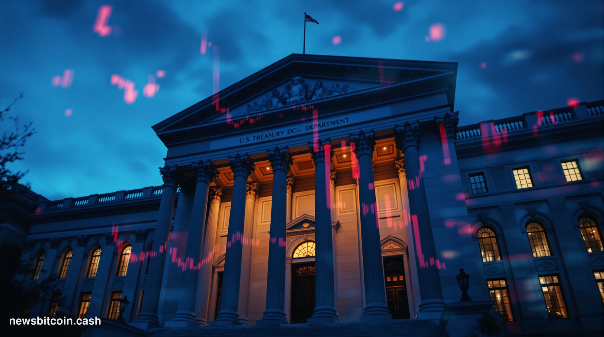 Cinematic photorealistic editorial photograph of the U.S. Treasury Department's neoclassical Washington D.C. headquarters bui