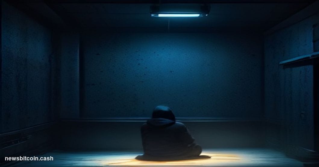 Cinematic photorealistic editorial photograph of a cold, dimly lit server room bathed in deep blue and amber accent lighting,