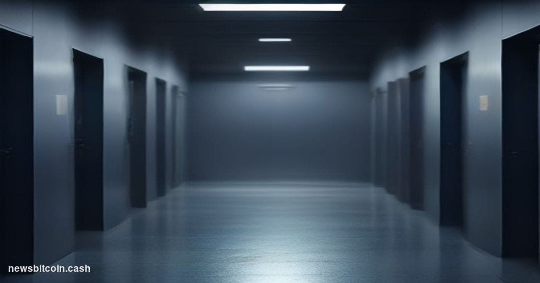 Cinematic photorealistic editorial photograph, dramatic low-angle shot of a sleek server room corridor bathed in cold blue-wh