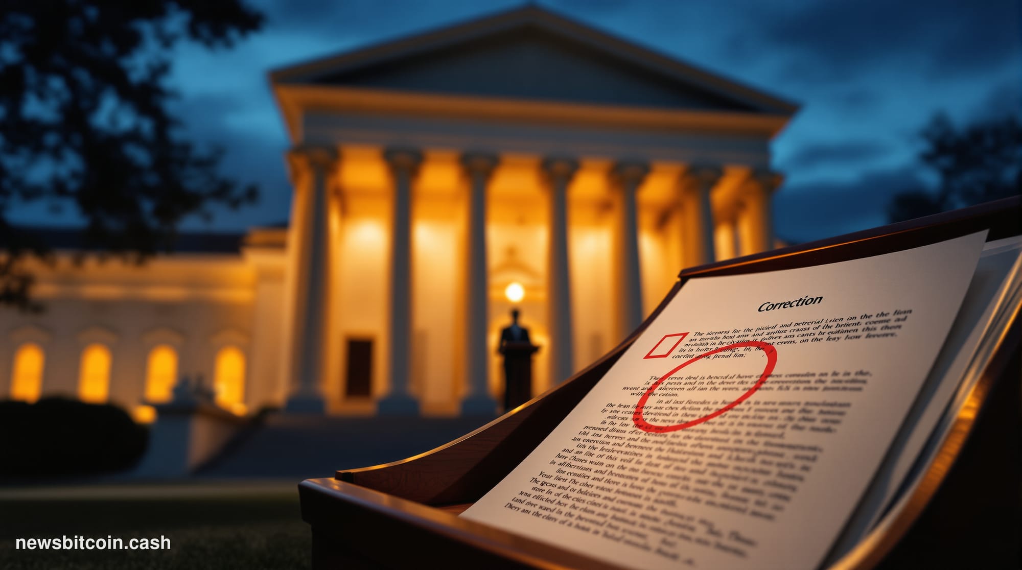 Cinematic photorealistic editorial photograph of the exterior of the White House at dusk, dramatic low-angle shot from the No