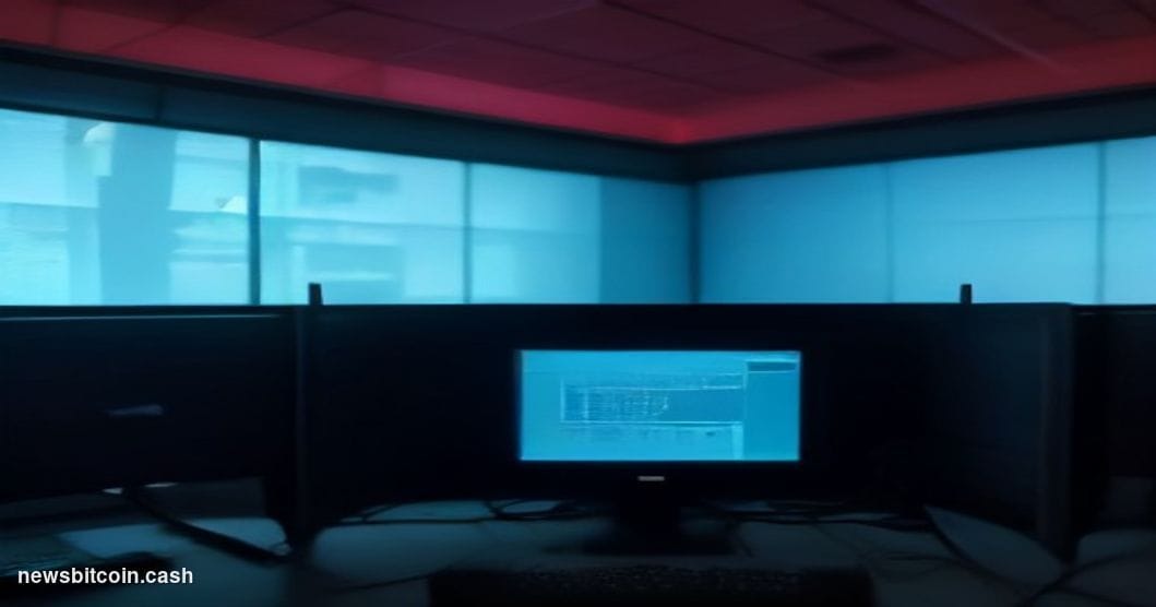 A cinematic photorealistic editorial photograph of a darkened cryptocurrency trading floor environment, with multiple monitor