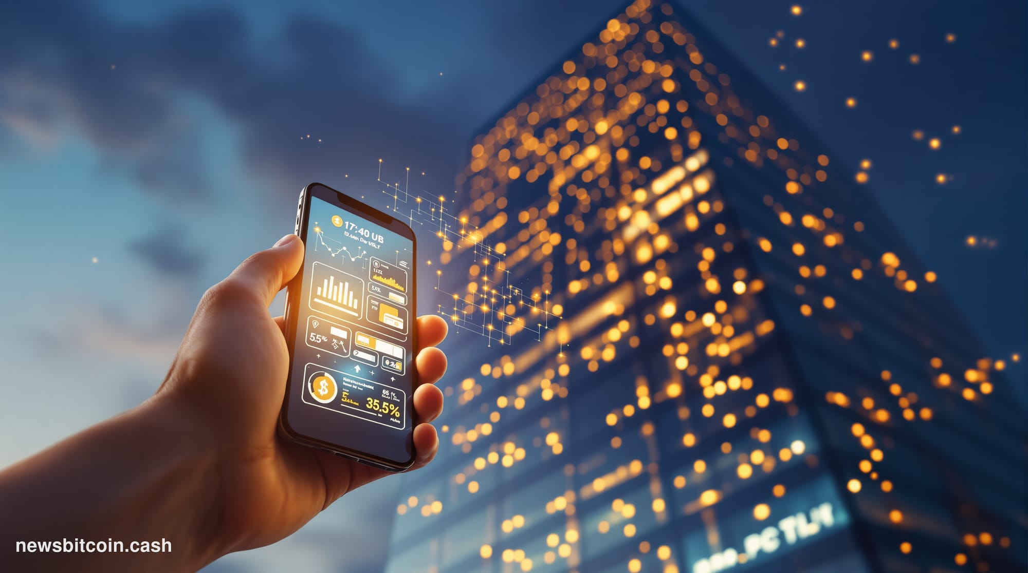 A cinematic photorealistic editorial photograph shot at golden-hour dusk, looking up at a sleek modern glass-and-steel tech h
