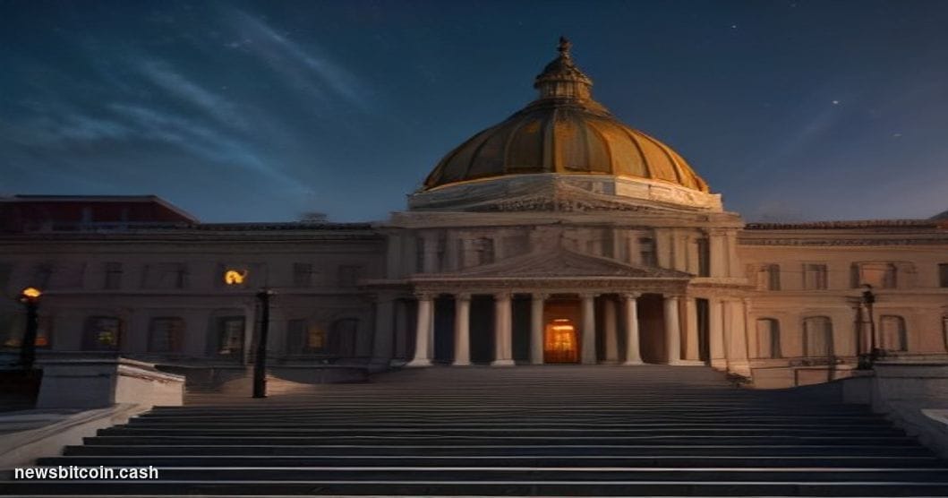 Cinematic photorealistic editorial photograph of the Wyoming State Capitol building in Cheyenne at dusk, its neoclassical dom