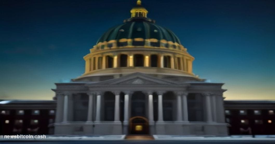 Cinematic photorealistic editorial photograph of the Wyoming State Capitol building in Cheyenne at dusk, its golden dome lit 