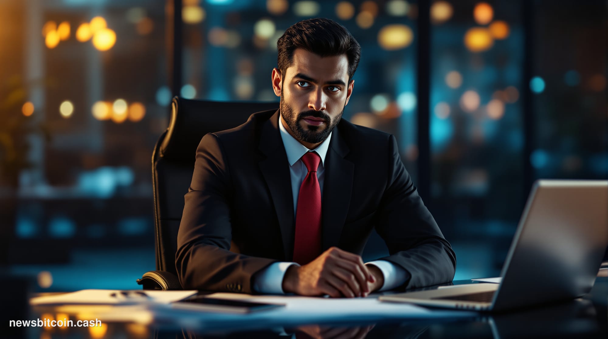 A cinematic photorealistic editorial photograph inside a sleek, dimly lit corporate boardroom with floor-to-ceiling glass wal