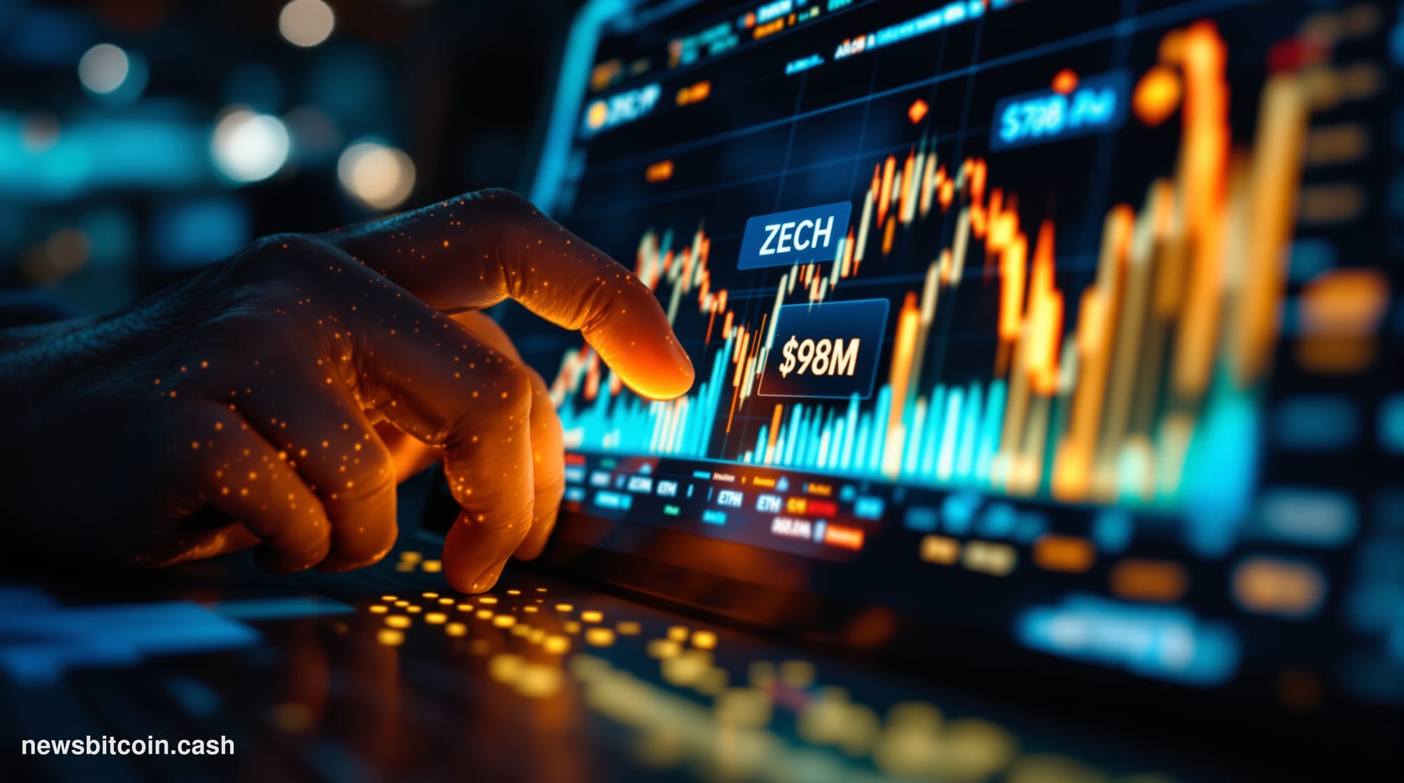 Cinematic photorealistic editorial photograph of a sleek financial trading floor environment bathed in dramatic blue and ambe
