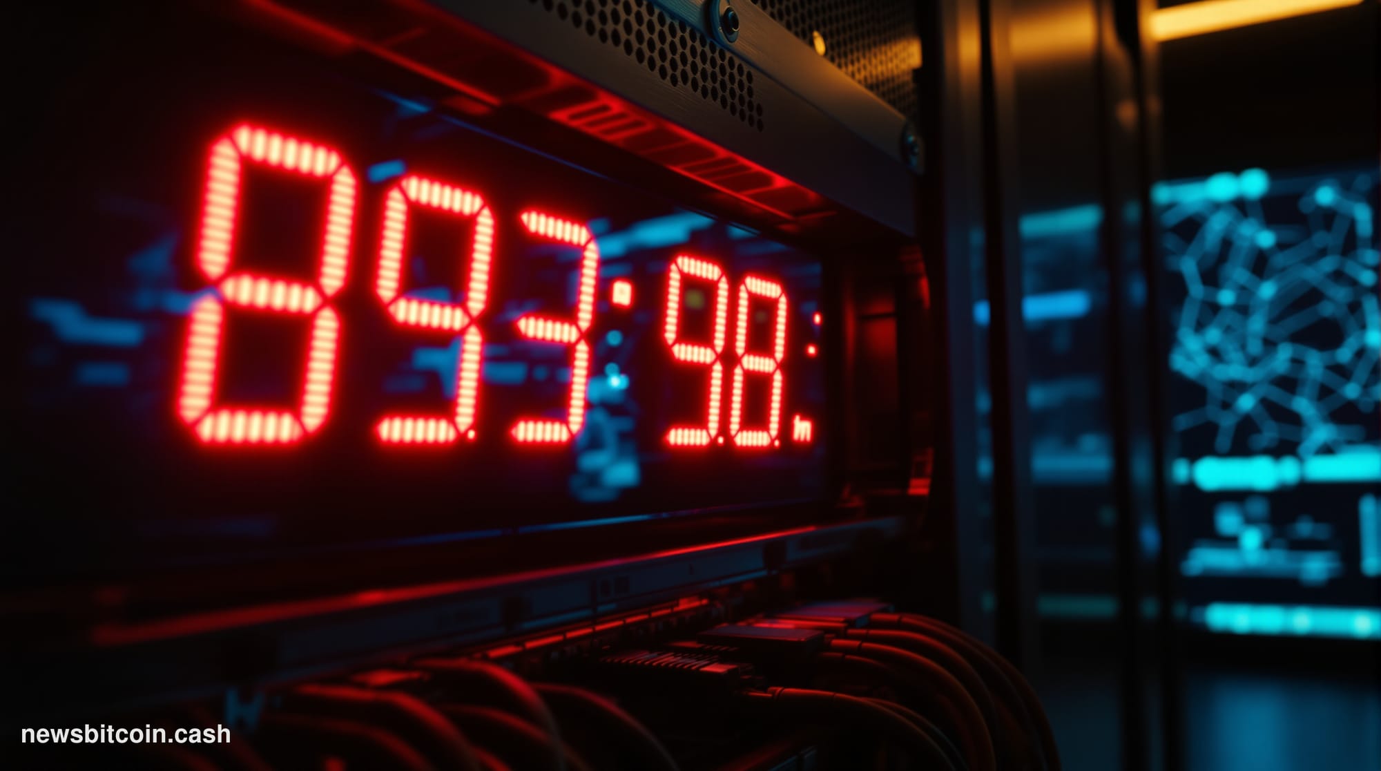 Cinematic photorealistic editorial photograph of a close-up of a glowing digital clock countdown display mounted on a dark se