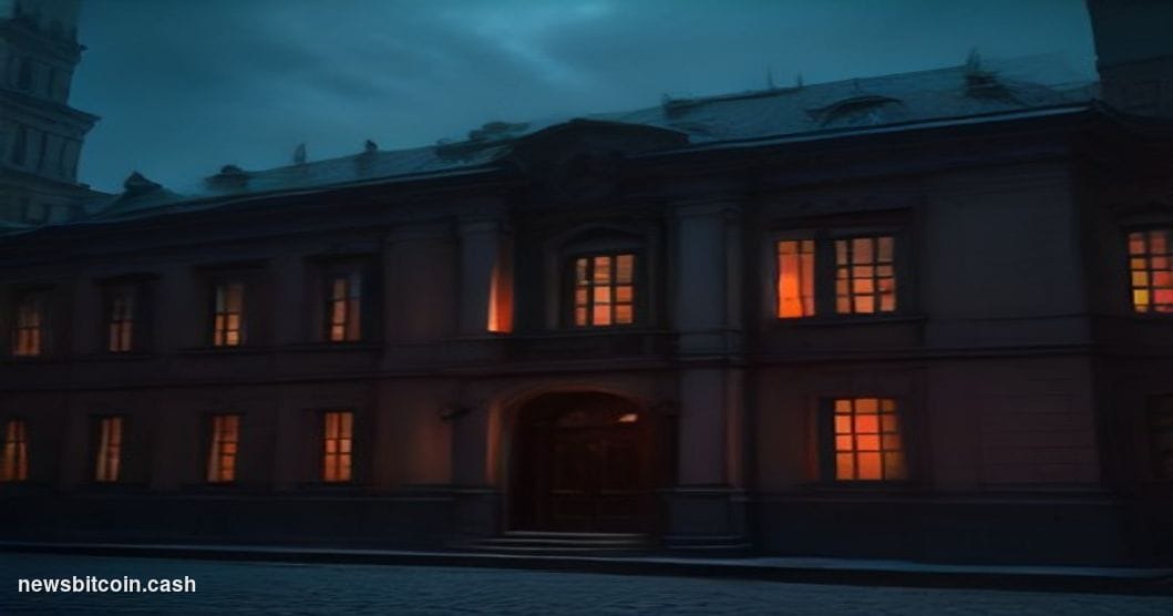 A photorealistic editorial photograph depicting the exterior of a Warsaw, Poland financial district building at dusk, with dr