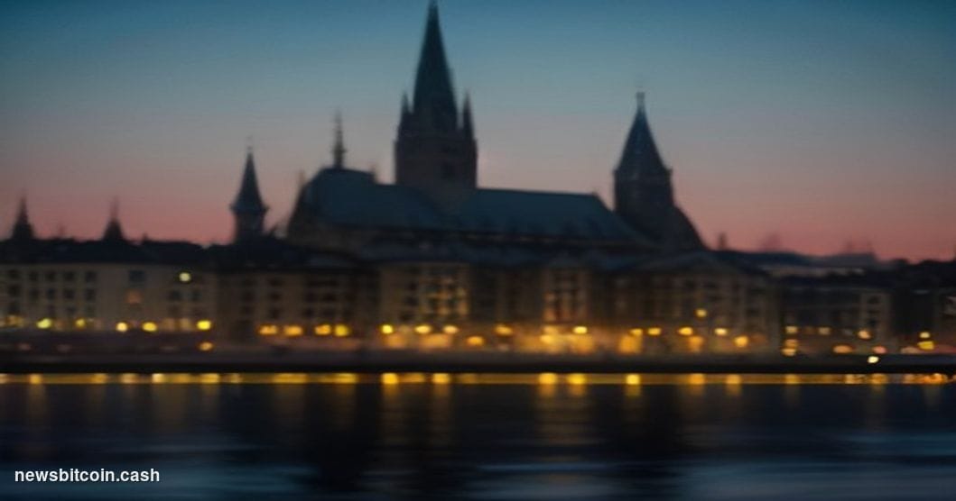 Cinematic photorealistic editorial photograph of Zurich's iconic financial district at dusk, with the Grossmünster cathedral 