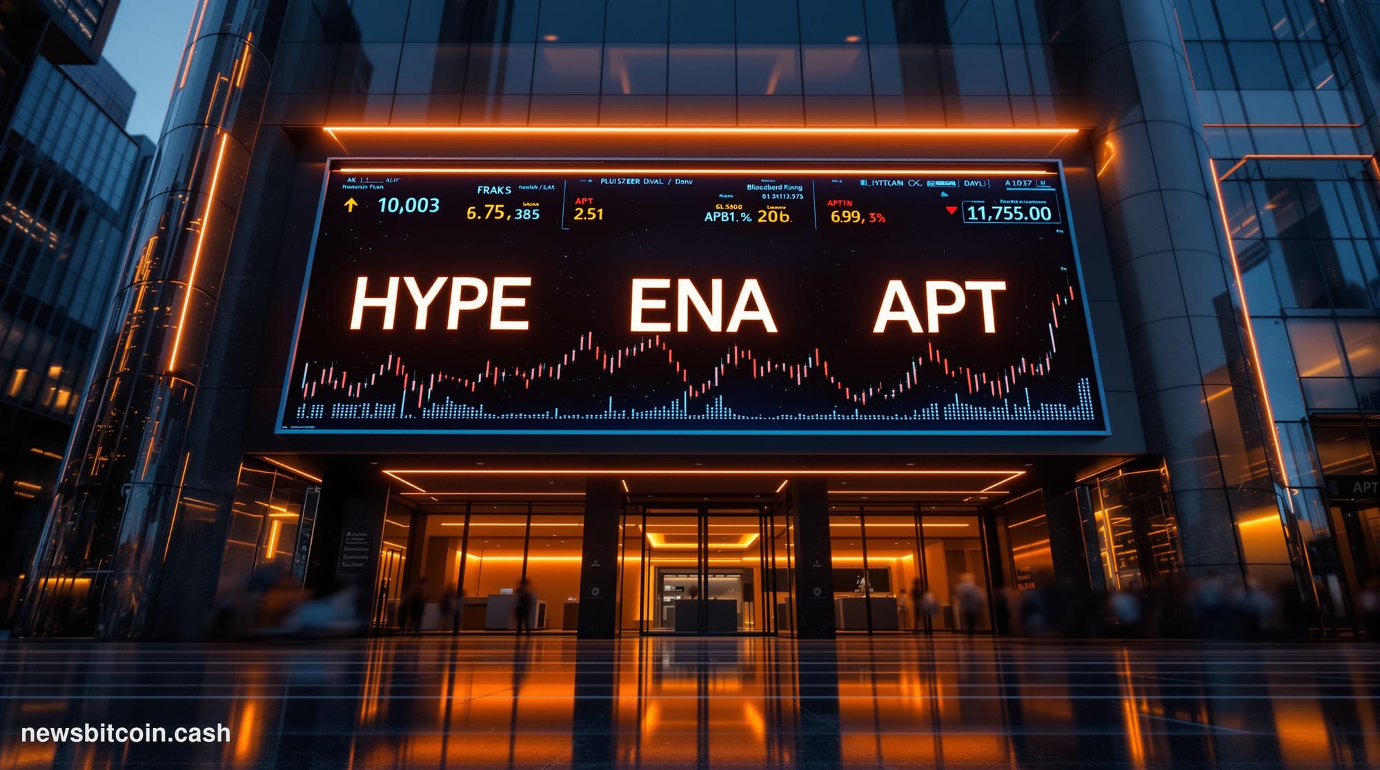 A cinematic photorealistic editorial photograph shot at ground level looking up at a large financial data display screen moun