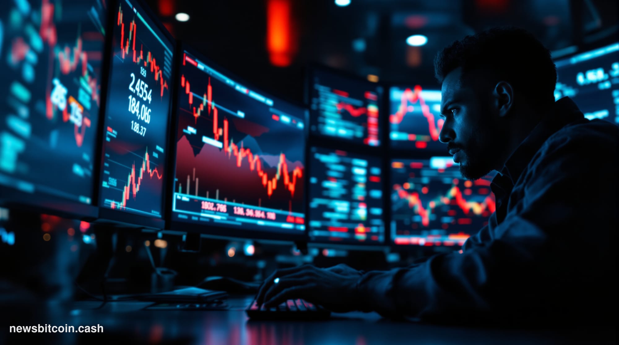 Cinematic photorealistic editorial photograph shot at a low angle inside a dimly lit cryptocurrency trading floor, with large