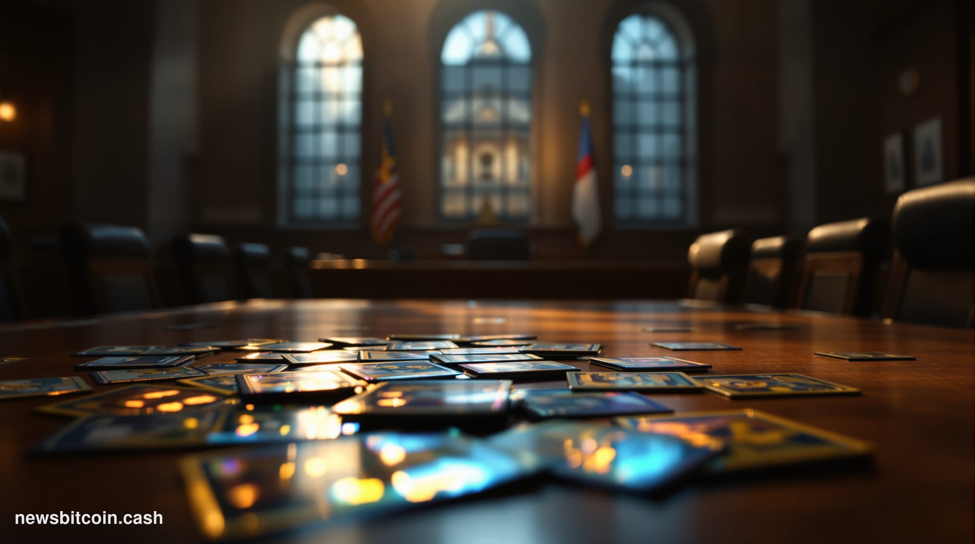 Cinematic photorealistic editorial photograph set inside a dimly lit New York federal courtroom, dramatic side-lighting casti