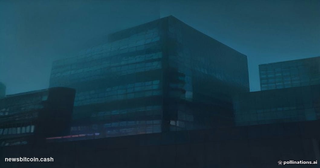 Cinematic photorealistic editorial photograph shot from a low angle looking up at the Binance headquarters building exterior 