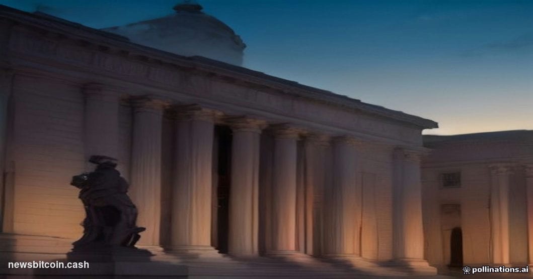 Cinematic photorealistic editorial photograph of the neoclassical OCC headquarters building in Washington D.C., shot at dusk 